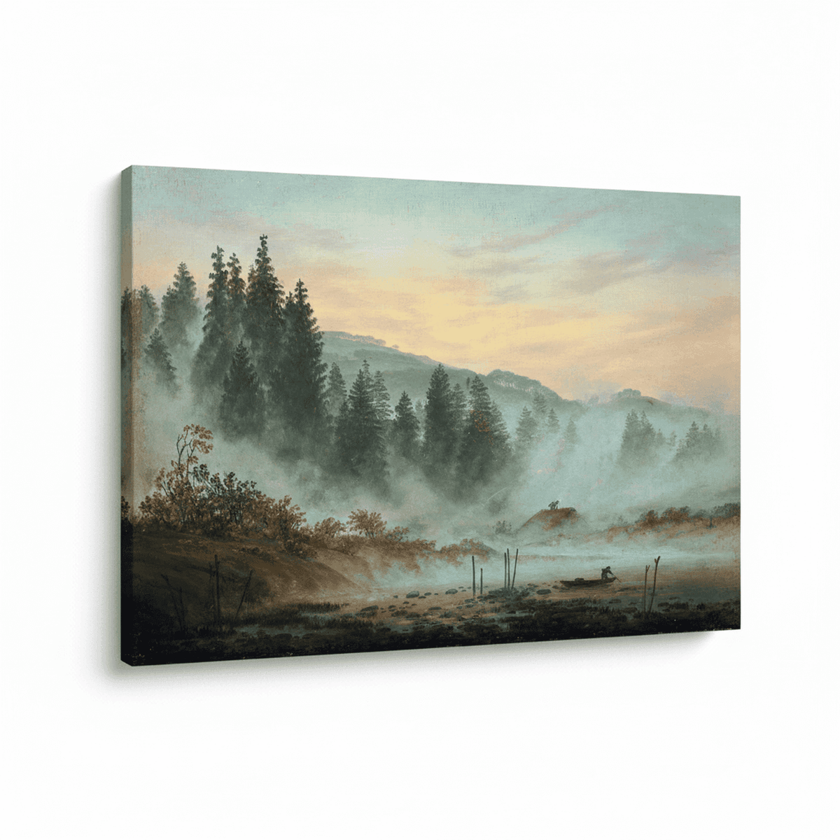 Das Gemälde der Morgen von Caspar David Friedrich auf Leinwand perspektivisch dargestellt