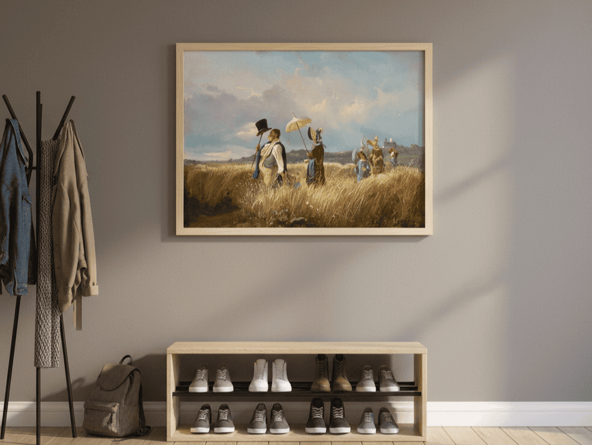 Der Sonntagsspaziergang von Carl Spitzweg als Kunstdruck. Hier an einer Wand im Flur hängend zur Wanddekoration.