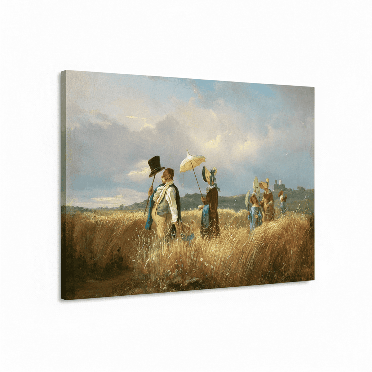 Der Sonntagsspaziergang on Carl Spitzweg als Kunstdruck auf Leinwand gezogen und perspektivisch dargestellt