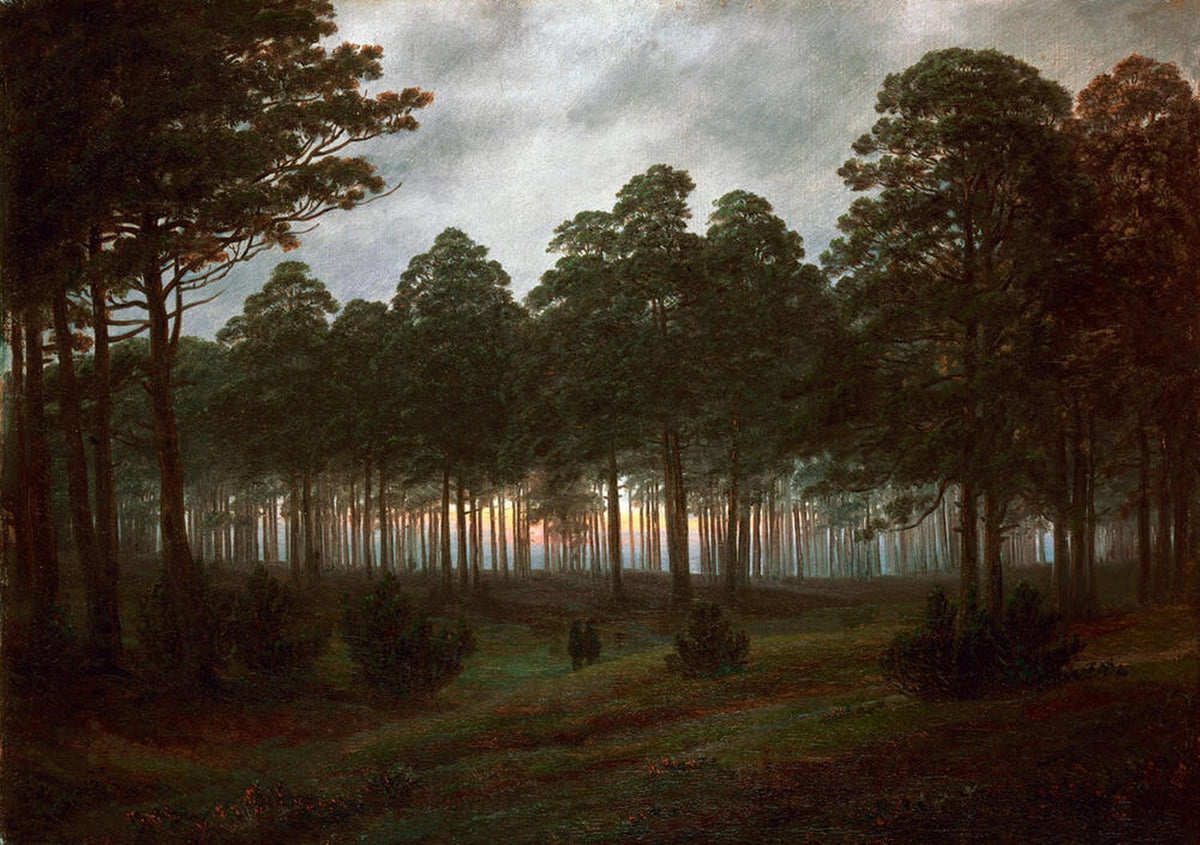 Landschaft bei Sonnenuntergang mit Bäumen und ruhigem Himmel, Gemälde von Caspar David Friedrich.