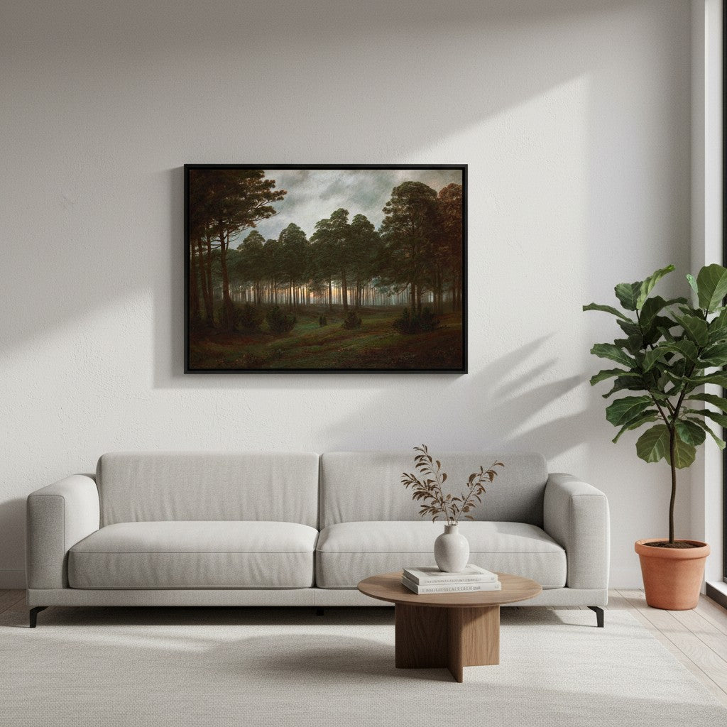 Das Gemälde "Der Abend" von Caspar David Friedrich auf Leinwand und in einem schwarzen Schattenfugenrahmen an einer Wand im Wohnzimmer hängend dargestellt.
