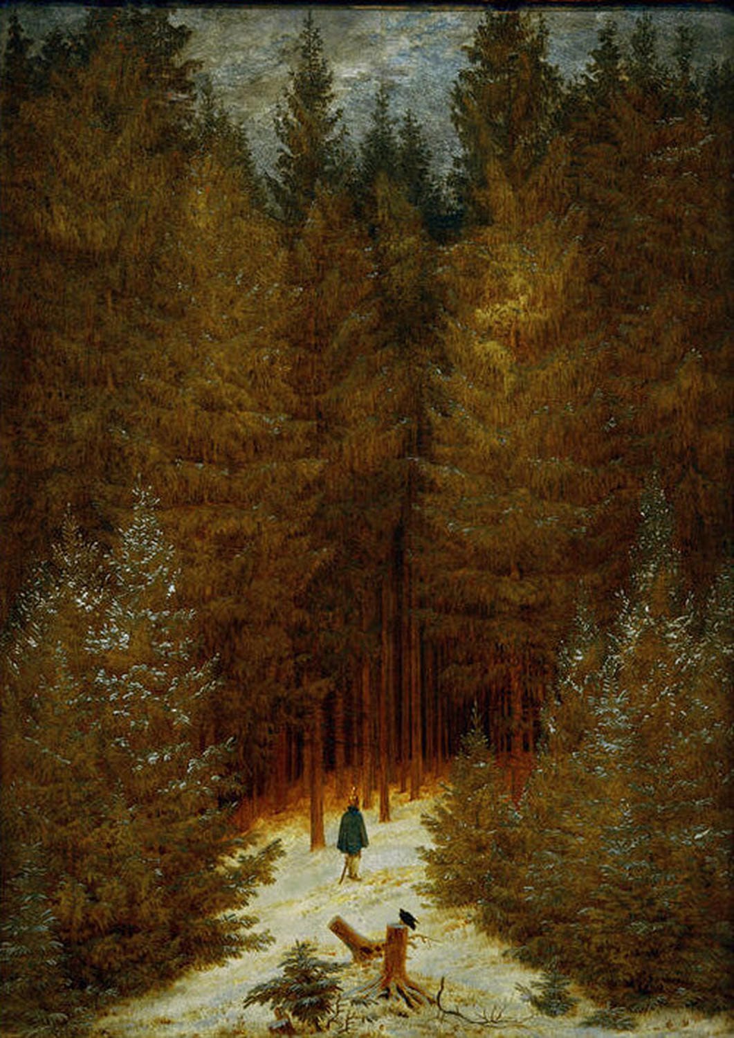 Kunstreproduktion von Der Chasseur im Walde von Caspar David Friedrich, ein Soldat steht in einem verschneiten, dunklen Wald.
