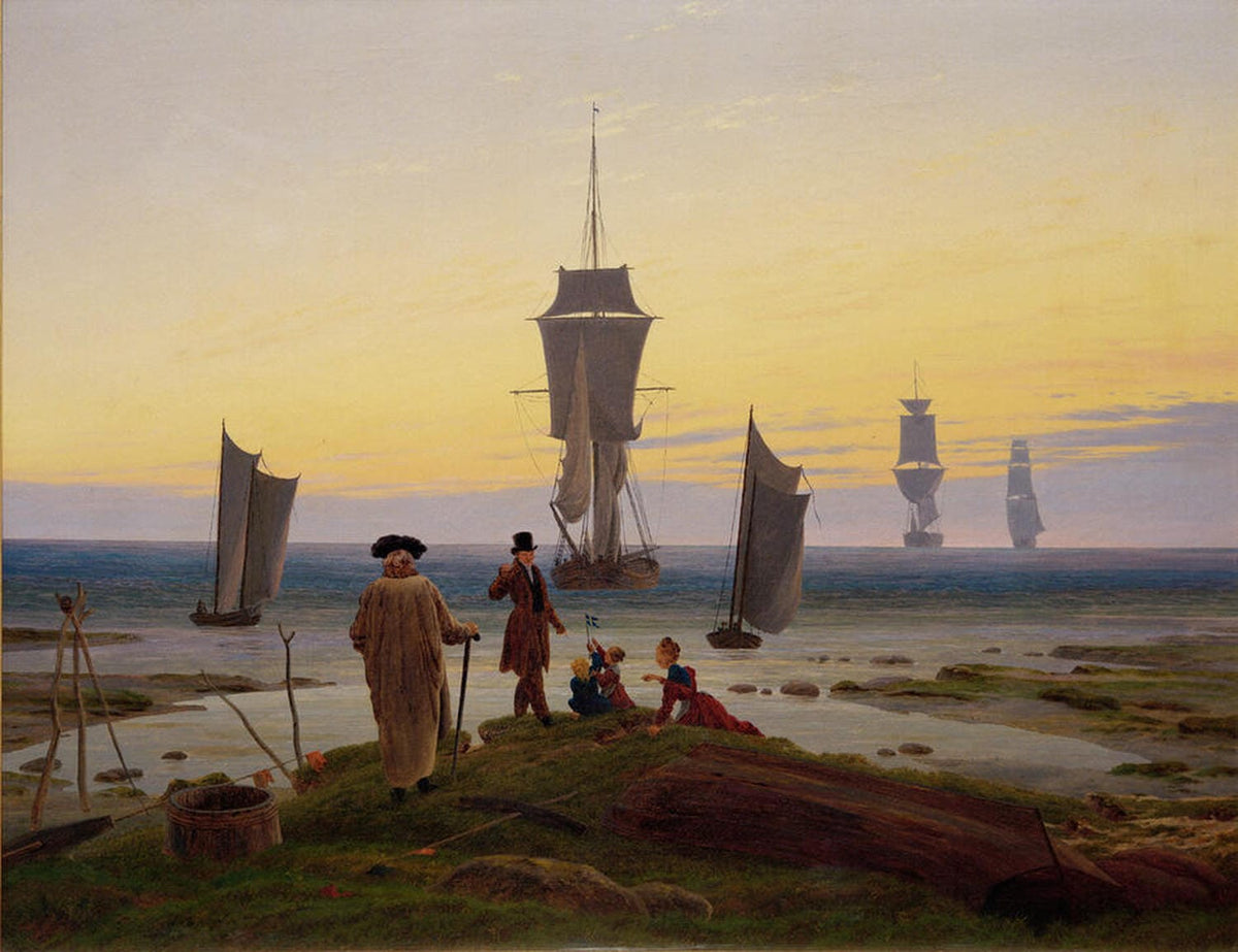 Symbolische Landschaft mit fünf Figuren verschiedenen Alters am Strand, Gemälde von Caspar David Friedrich.