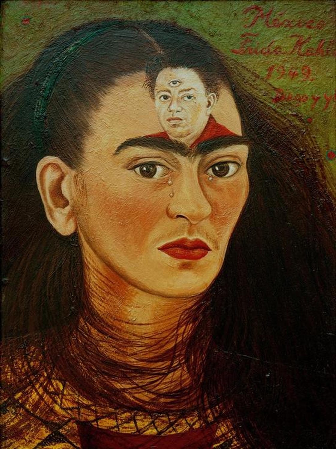 Kunstdruck von Frida Kahlos Diego und ich, ein Porträt, das die komplexe Beziehung zwischen Kahlo und ihrem Ehemann Diego Rivera symbolisiert.