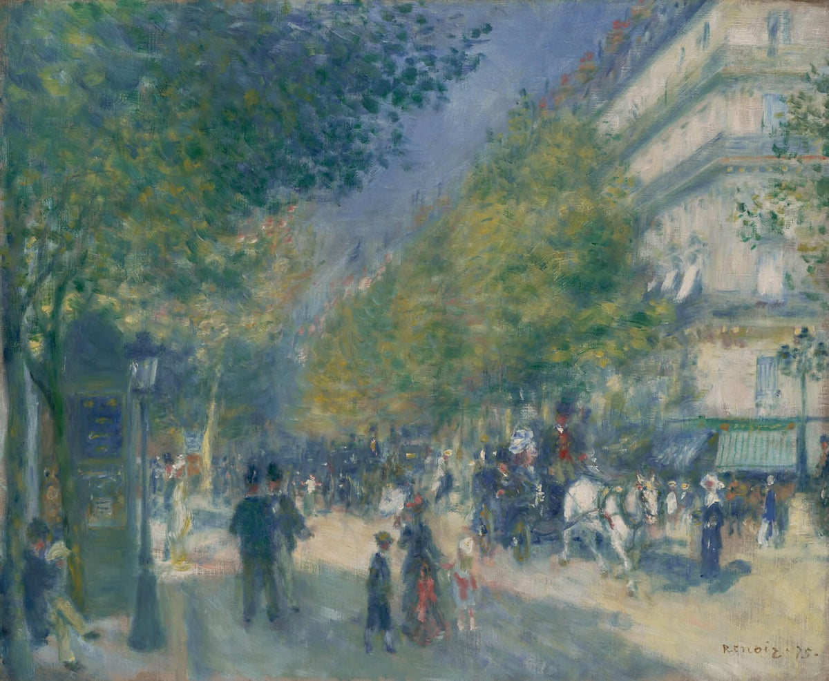 Das Gemälde „Die großen Boulevards“ von Pierre-Auguste Renoir zeigt die lebendige Atmosphäre des Pariser Stadtlebens. Mit impressionistischer Technik fängt der Künstler das flimmernde Licht und die Bewegung der Straßen ein, wodurch ein faszinierendes Stadtbild entsteht.