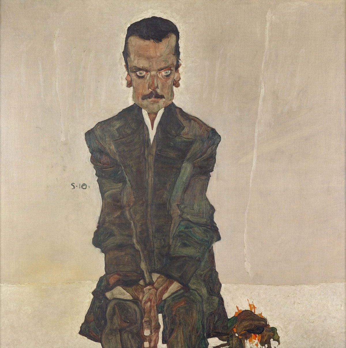 Das Gemälde "Eduard Kosmack" von Egon Schiele zeigt ein Porträt des österreichischen Verlegers Eduard Kosmack. Schiele, bekannt für seinen expressiven und intensiven Stil, fängt die Person in einer kraftvollen und markanten Darstellung ein. Das Gesicht von Kosmack ist in kräftigen Linien und kontrastierenden Farben ausgeführt, die eine dramatische Intensität erzeugen. Schieles charakteristische Verwendung von Verzerrungen und betonten Gesichtszügen unterstreicht die emotionale Tiefe und Persönlichkeit des D