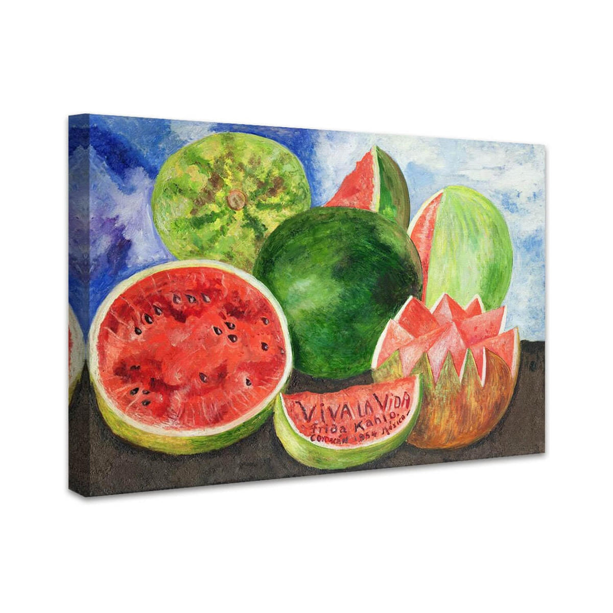 "Es lebe das Leben" oder "Viva la Vida" von Frida Kahlo perspektivisch auf Leinwand dargestellt
