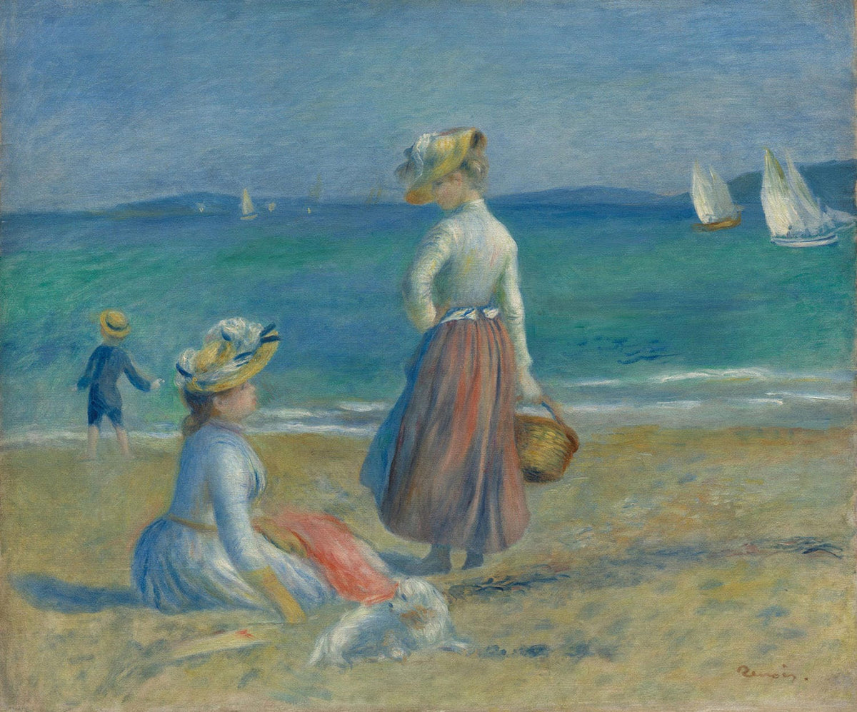 Impressionistisches Gemälde von Pierre-Auguste Renoir, das eine entspannte Strandszene zeigt. Weiche Pinselstriche und warme Farben fangen die sommerliche Atmosphäre und das Spiel des Lichts ein.