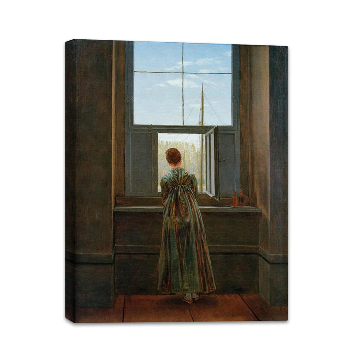 Kunstdruck Frau am Fenster von Caspar David Friedrich hier auf Leinwand gezogen und perspektivisch dargestellt