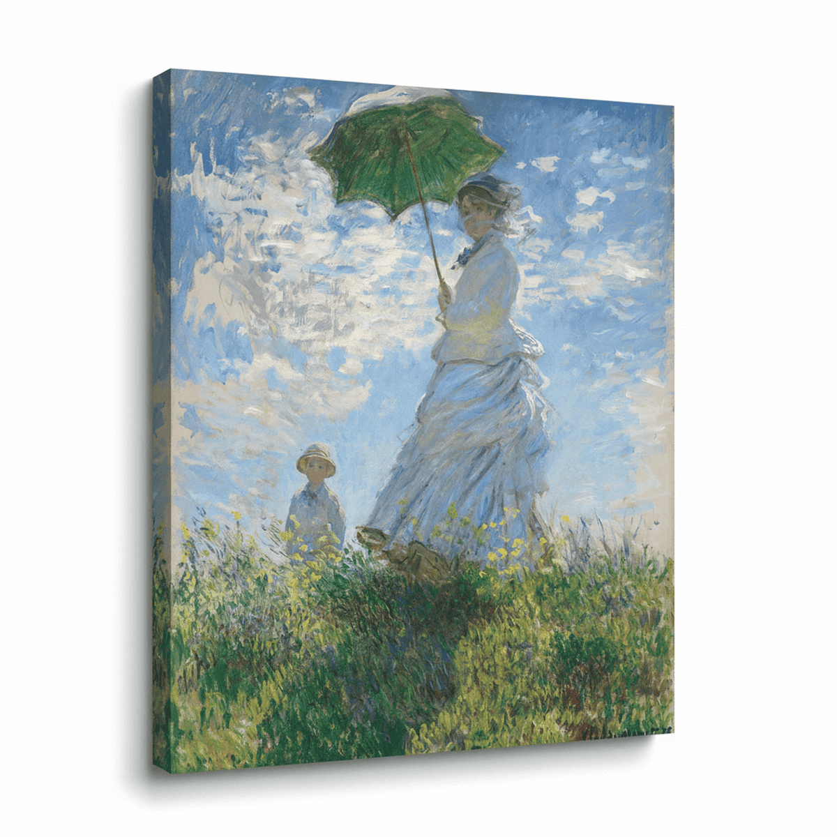 Claude Monet Frau mit Sonnenschirm (Madame Monet und ihr Sohn) perspektivisch auf Leinwand gezogen