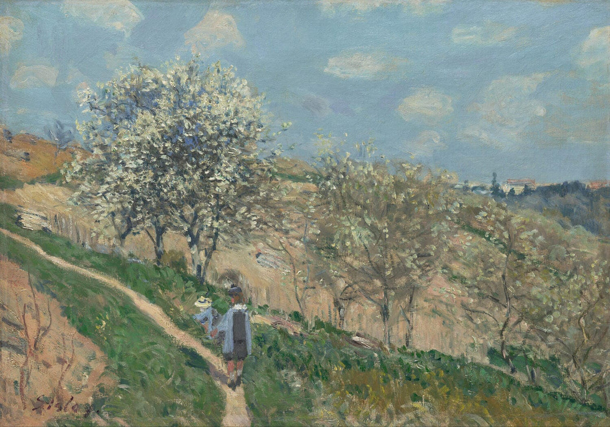 Impressionistisches Gemälde "Frühlingszauber in Bougival " von Alfred Sisley. Eine Frühlingslandschaft mit blühenden Bäumen, gewundenen Wegen und sanften Pastellfarben. Die Licht- und Schattenspiele verleihen dem Bild eine lebendige und harmonische Atmosphäre.