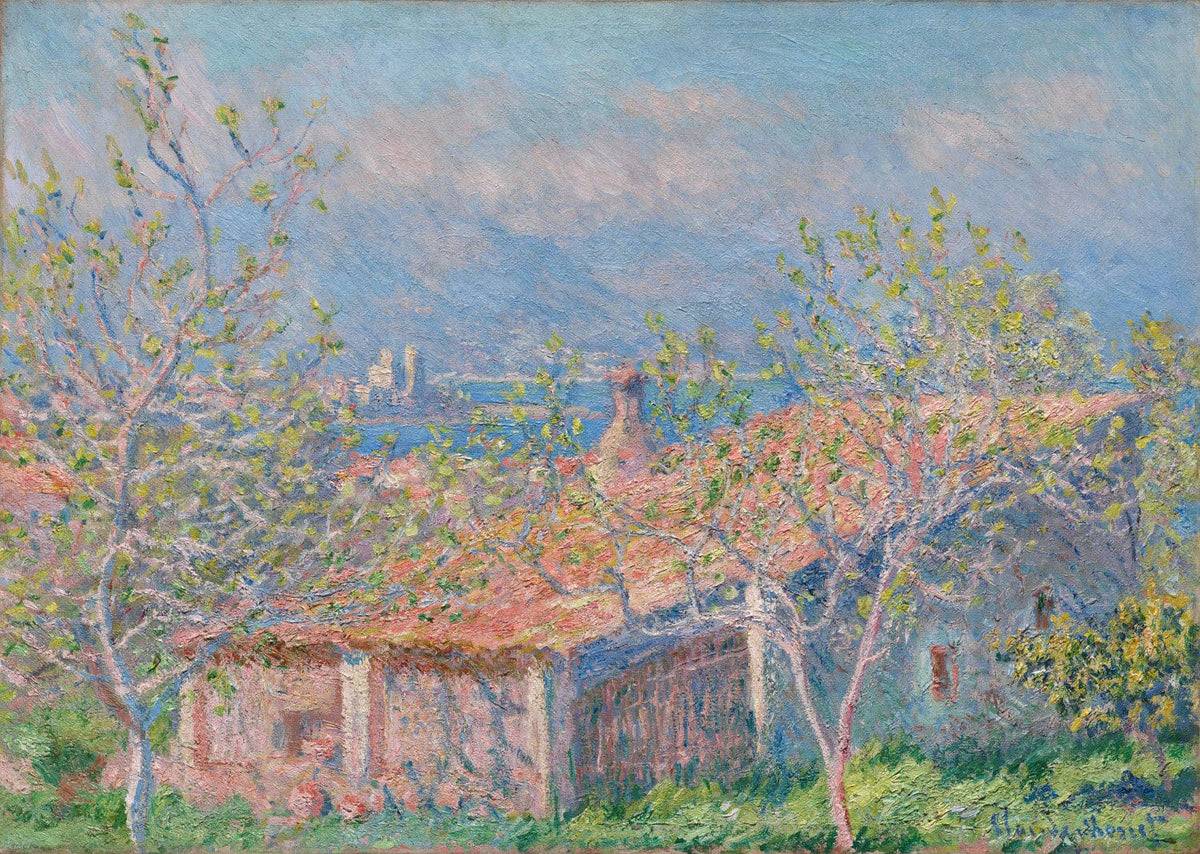 Das Gemälde "Gärtnerhaus bei Antibes" von Claude Monet zeigt ein malerisches Gartenhaus inmitten eines blühenden Gartens in Antibes. Umgeben von üppigem Grün und bunten Blumen, vermittelt das Bild eine friedliche Atmosphäre. Der Himmel ist klar, und das Licht fällt sanft auf die Architektur und das florale Umfeld.