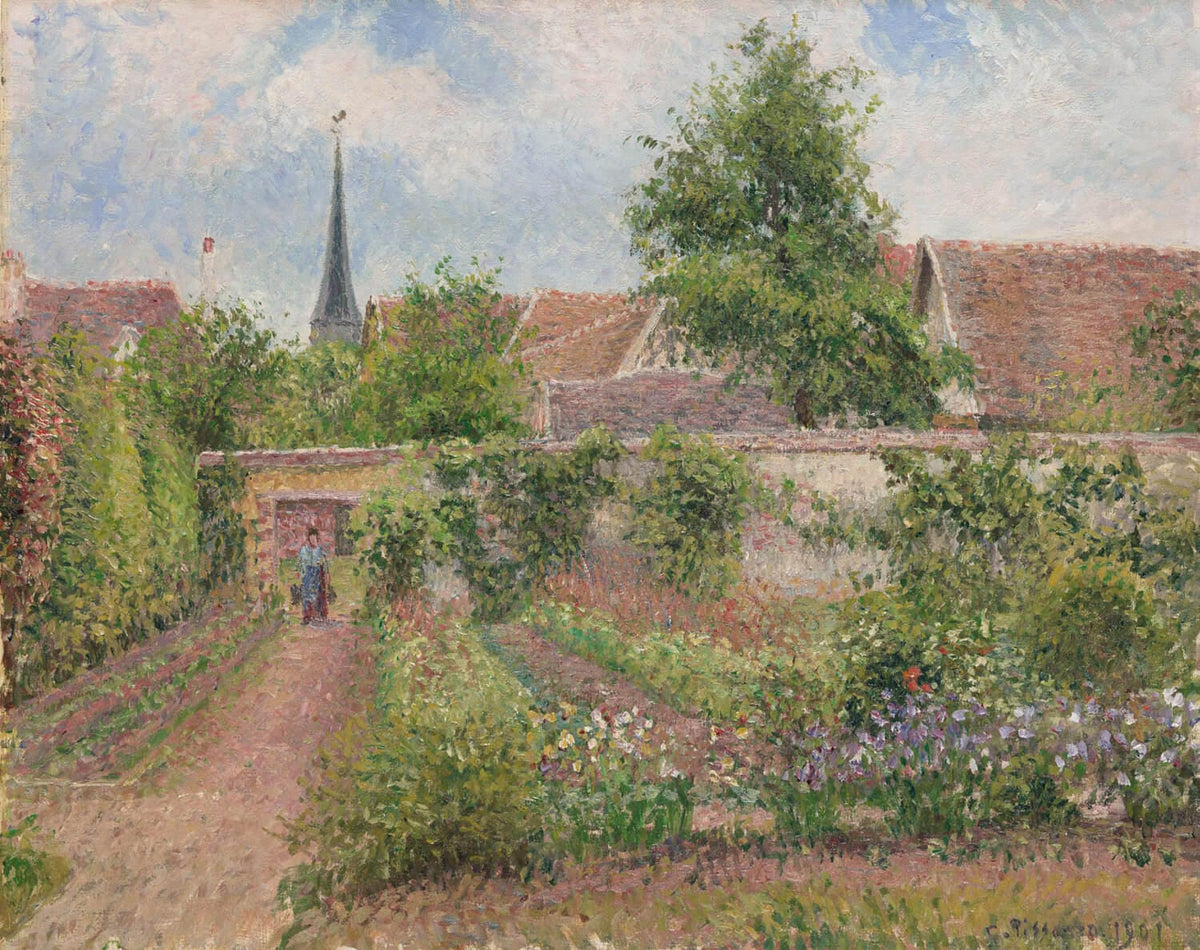 „Gemüsegarten, bedeckter Morgen, Eragny“ von Camille Pissarro zeigt eine ruhige ländliche Szenerie mit einem Garten an einem bewölkten Morgen. Der Impressionismus des Künstlers wird durch zarte Pinselstriche und die feine Darstellung von Licht und Natur eingefangen.