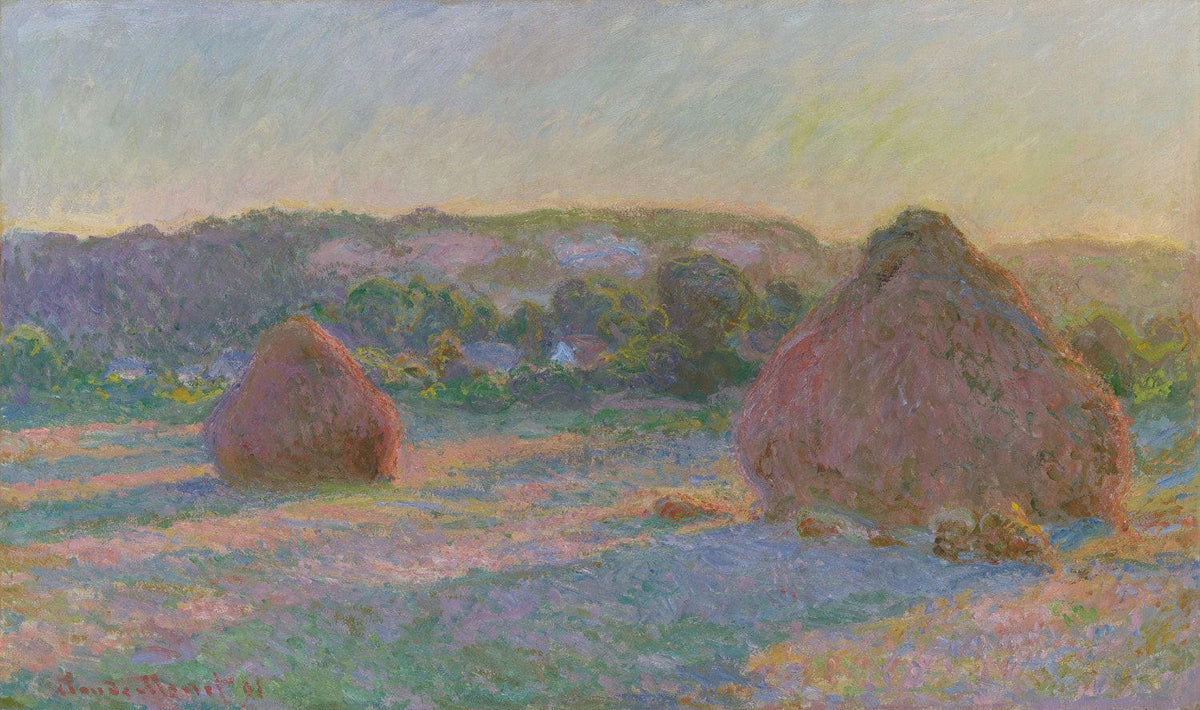 Eine Kunstkopie des Gemäldes "Getreideschober (Ende des Sommers)" von Claude Monet. Das impressionistische Werk zeigt einen goldenen Getreidehaufen in einer friedlichen, spätsommerlichen Landschaft mit warmen Farben und sanften Licht- und Schatteneffekten.