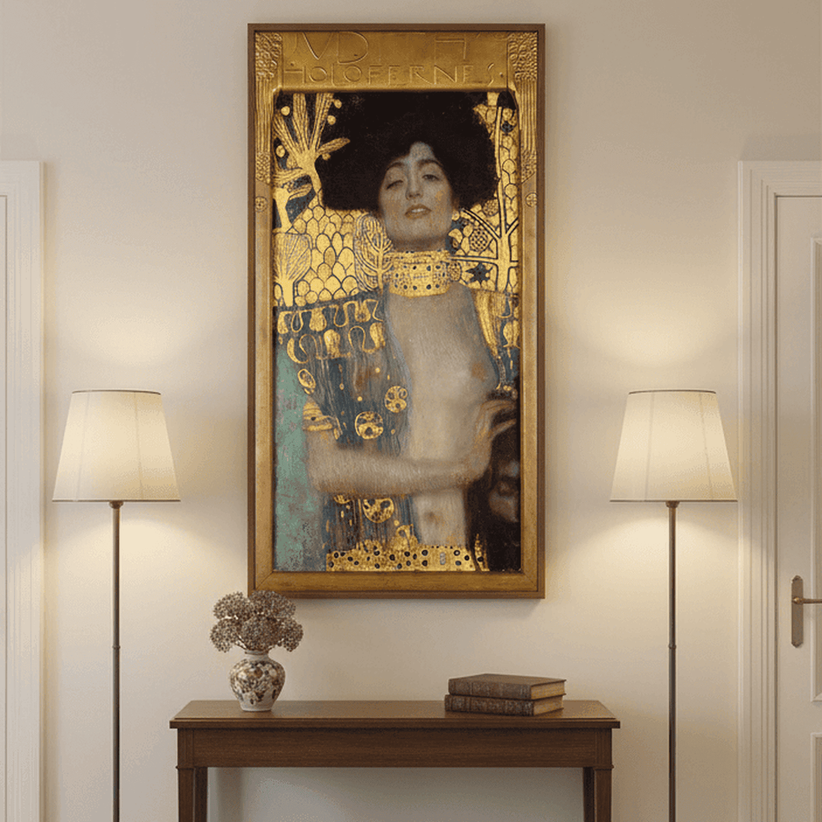 Gustav Klimt Kunstdruck von Judith auf Leinwand in einem Schattenfugenrahmen an der Wand hängend