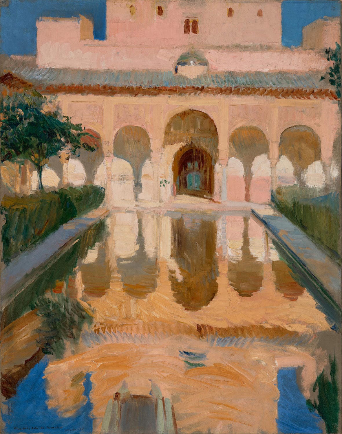 Das Gemälde "Halle der Botschafter, Alhambra, Granada" von Joaquín Sorolla zeigt die prächtige Architektur der Alhambra, mit sanften Lichtstrahlen, die durch kunstvolle Fenster fallen und die arabesken Muster im Raum zum Leben erwecken. Die Szene vermittelt die ruhige und ehrfurchtvolle Atmosphäre der historischen Halle.