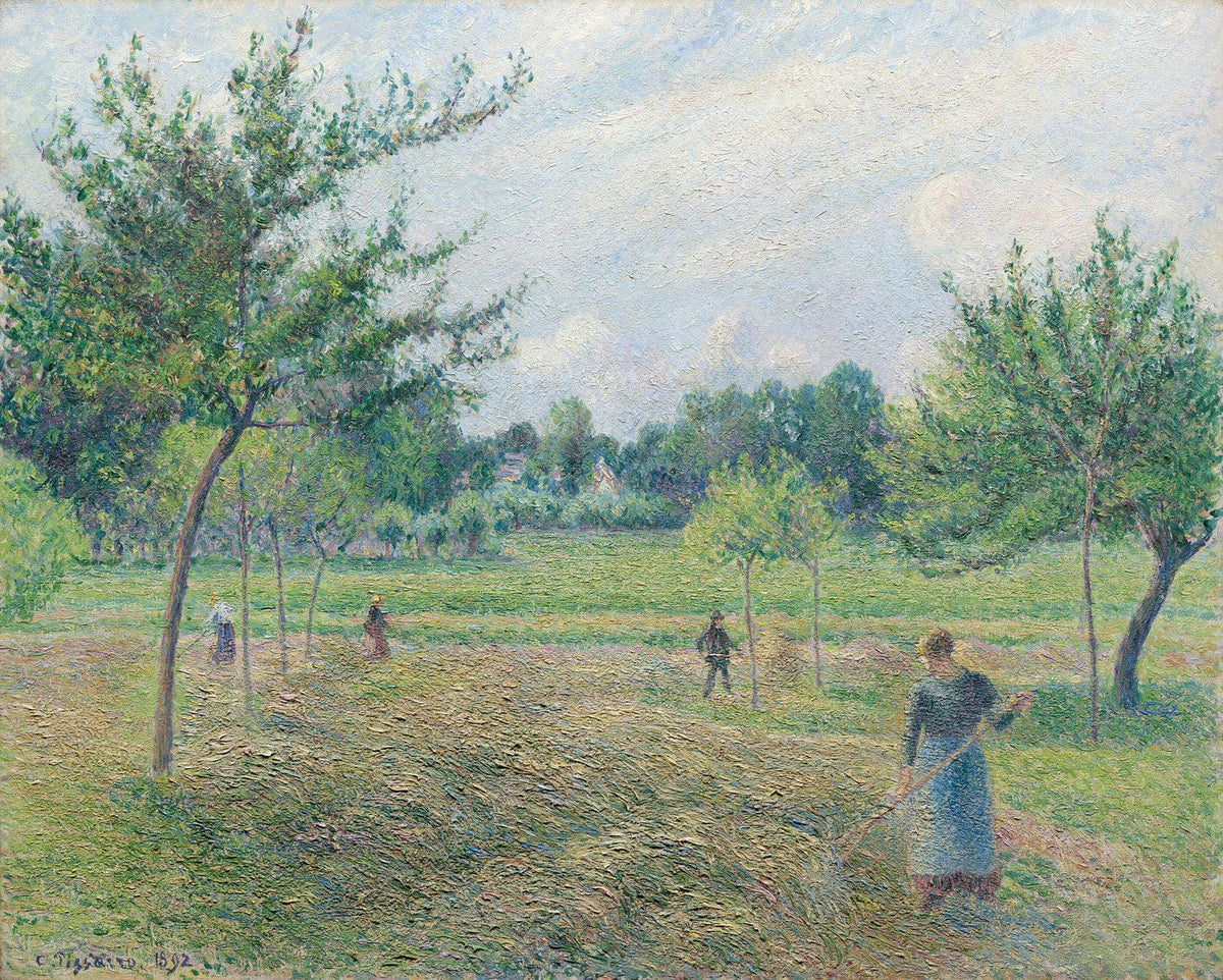 Bauern bei der Heuernte in einer sommerlichen Landschaft, umgeben von Feldern und Bäumen, in warmen Grün-, Gelb- und Blautönen impressionistisch gemalt.