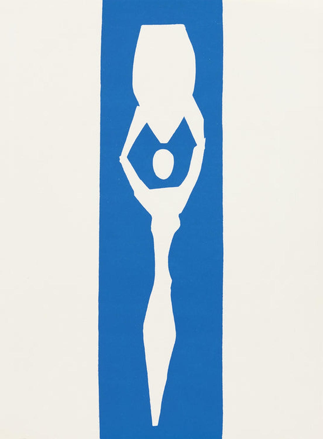 Weiße Scherenschnittfigur von Henri Matisse mit Amphore auf dem Kopf vor blauem Hintergrund, Werk "Femme à l’amphore", 1953.