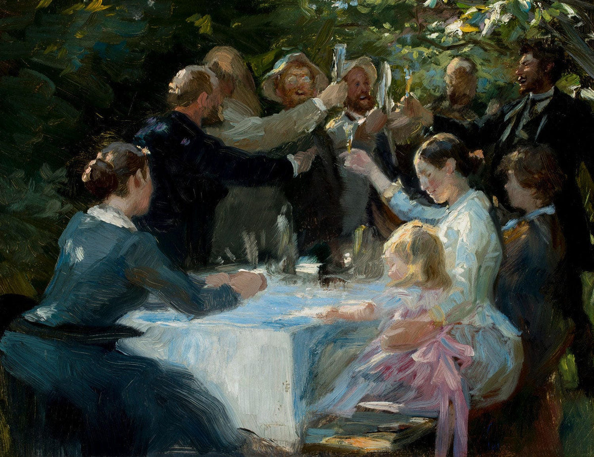 „Hip hip hurra! – Künstlerfest in Skagen“ von Peder Severin Krøyer: Fröhliche Szene eines Künstlerfestes im Freien mit Malern und Freunden, umgeben von Musik, Lachen und festlicher Atmosphäre im Licht von Skagen.