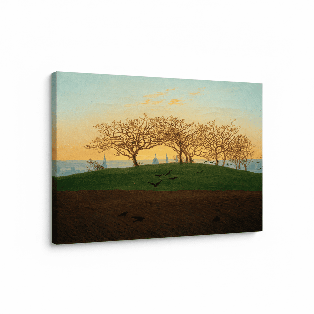 Hügel mit Bruchacker bei Dresden von Caspar David Friedrich perspektivisch dargestellt auf Leinwand gezogen