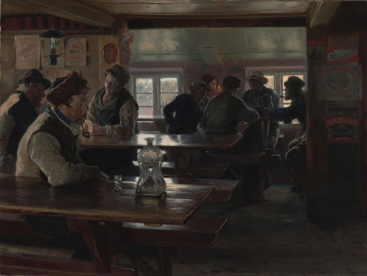 Das Gemälde "Innenraum einer Taverne" von Peder Severin Krøyer zeigt eine gemütliche Wirtshausszene mit mehreren Menschen in geselliger Runde. Warmes Licht erhellt den Raum, während Details der Einrichtung und Figuren impressionistisch ausgearbeitet sind, was eine einladende Atmosphäre schafft.