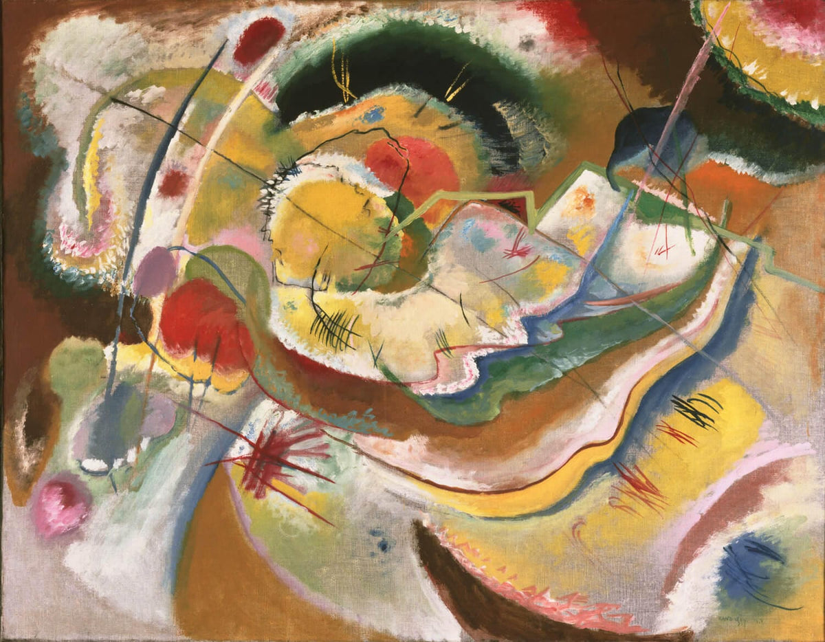 Abstraktes Gemälde von Wassily Kandinsky mit dynamischen Formen, kräftigen Farben und dominierenden Gelbtönen im expressionistischen Stil.