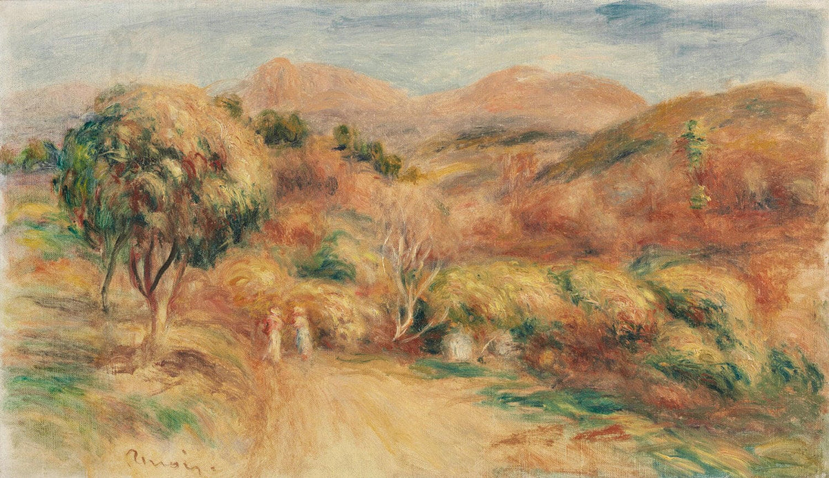„Landschaft am Mittag“ von Pierre-Auguste Renoir zeigt eine friedliche südfranzösische Landschaft, mit sanften Hügeln, üppigem Grün und einem strahlend blauen Himmel. Das Gemälde fängt die warme, mediterrane Atmosphäre perfekt ein und vermittelt Ruhe und Naturschönheit.
