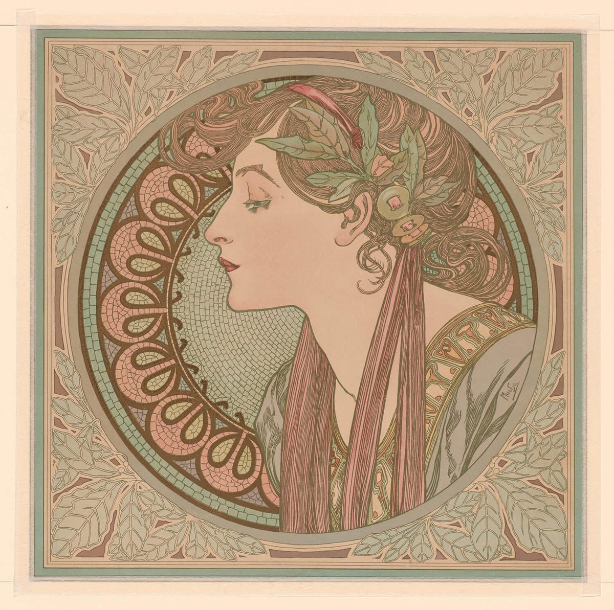 „Laurel“ von Alfons Mucha zeigt eine elegante Frau im Jugendstil, umgeben von floralen Mustern und geschwungenen Linien. Die sanften Farben und die harmonische Komposition fangen die Ästhetik der „Belle Époque“-Ära ein und verleihen dem Bild eine zeitlose Anmut.