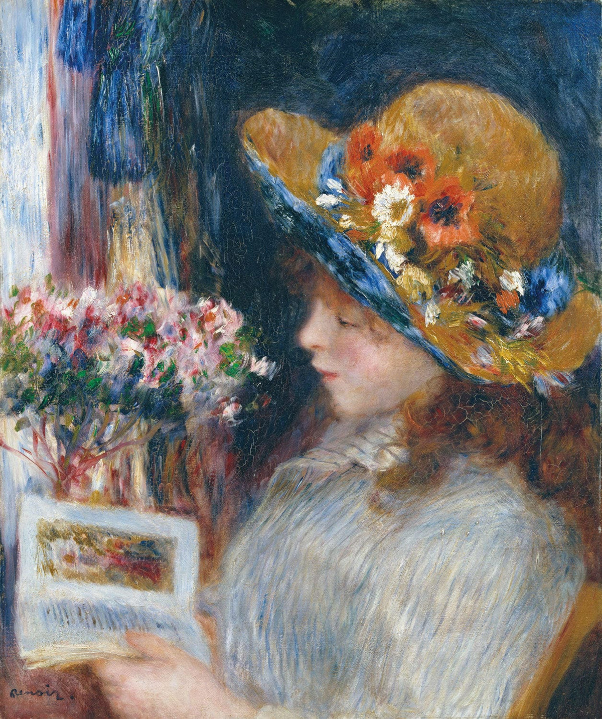 "Lesendes Mädchen" (Jeune Fille lisant) von Auguste Renoir – Impressionistisches Porträt einer jungen Frau, die vertieft in einem Buch liest, in warmen, weichen Farbtönen.