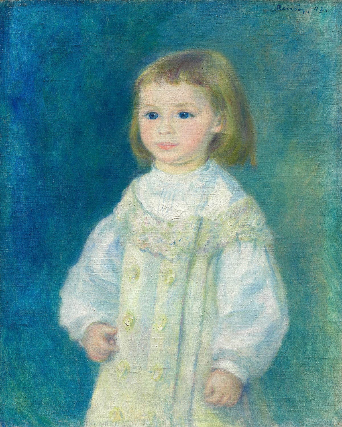 Das Gemälde „Lucie Berard (Kind in Weiß)“ von Pierre-Auguste Renoir zeigt ein Porträt eines Kindes in einem weißen Kleid, das die meisterhafte Verwendung von Licht und Farbe im impressionistischen Stil widerspiegelt. Die sanften Pinselstriche und die harmonische Farbpalette verleihen dem Werk zeitlose Eleganz.