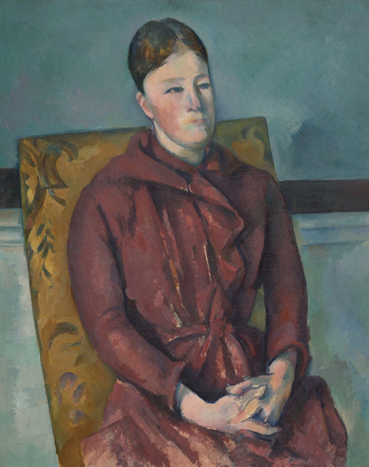 Portrait einer sitzenden Frau in einem gelben Stuhl, gemalt von Paul Cézanne. Die Frau trägt ein dunkles Kleid und hat eine ruhige, leicht angespannte Haltung. Der Hintergrund ist neutral gehalten, während der gelbe Stuhl einen auffälligen Kontrast zur restlichen Farbgebung bildet.