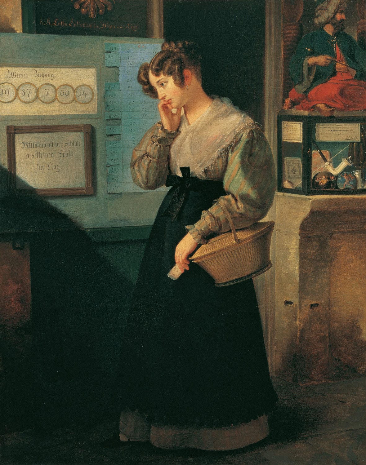 Mädchen vor dem Lotteriegewölbe von Peter Fendi: Ein junges Mädchen in traditioneller Kleidung steht vor einem prächtigen Lotteriegebäude, typisches Werk des Biedermeier.