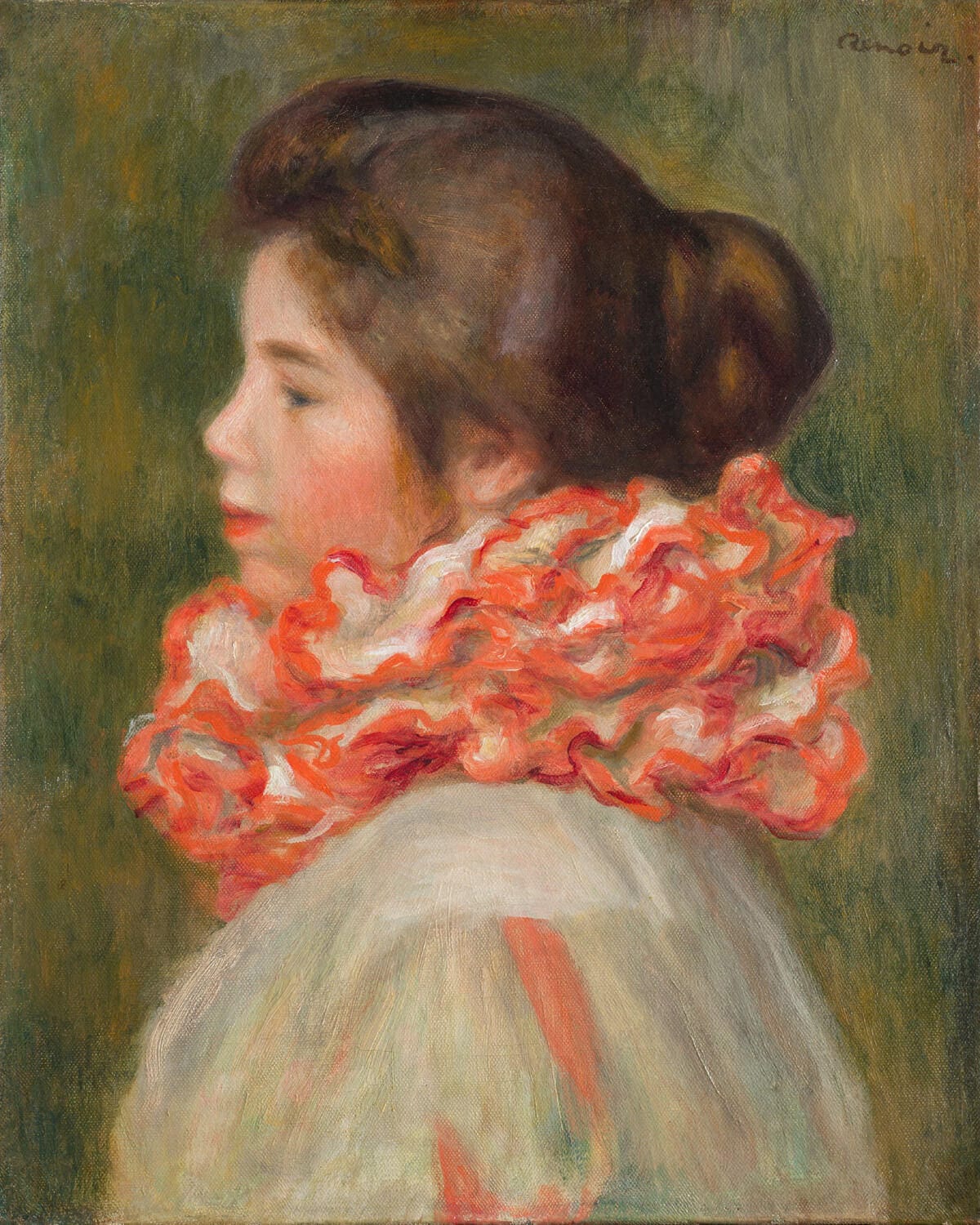 Ein junges Mädchen in einem prächtigen roten Kragen, gemalt von Pierre-Auguste Renoir, fängt den Charme und die Eleganz des 19. Jahrhunderts ein. Der sanfte Blick und die fein ausgearbeiteten Details machen das Porträt zu einem Meisterwerk des Impressionismus.