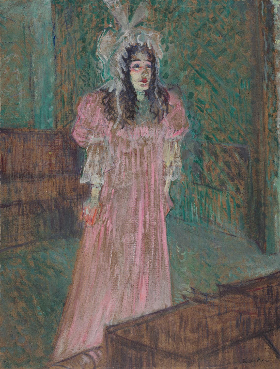 Ein Porträt von Henri de Toulouse-Lautrec: May Belfort, eine irische Sängerin, in kräftigen Rot- und Grüntönen dargestellt.