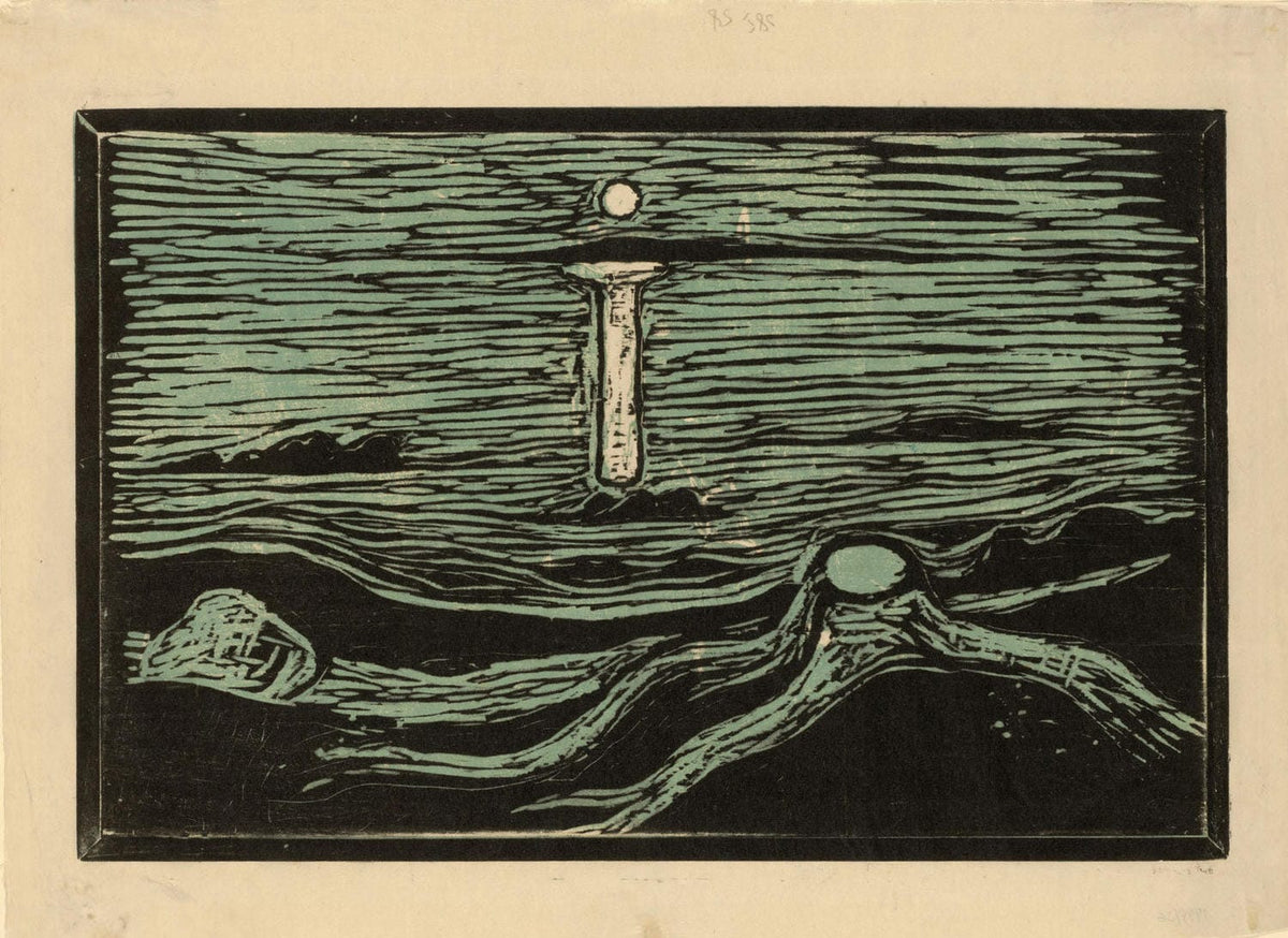 Dramatische Meereslandschaft mit bewegten Wellen in tiefen Blau- und Grüntönen, ausdrucksstark gemalt von Edvard Munch.
