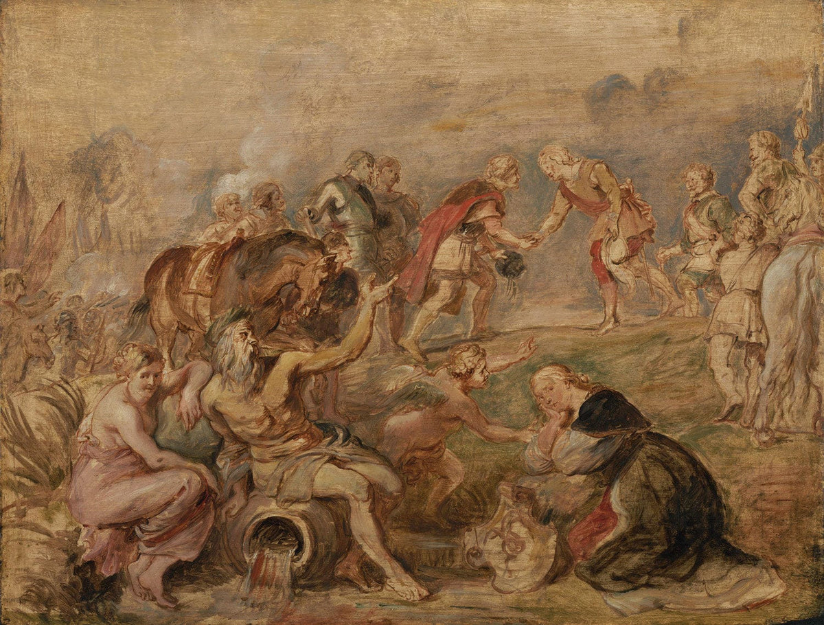 Das Gemälde "Treffen von König Ferdinand von Ungarn und Kardinal-Infant Ferdinand von Spanien in Nördlingen" von Peter Paul Rubens zeigt die beiden Monarchen während eines historischen Treffens nach der Schlacht von Nördlingen. Die Szene ist reich an Details und vermittelt die politische Bedeutung und symbolische Allianz zwischen den Herrschern.