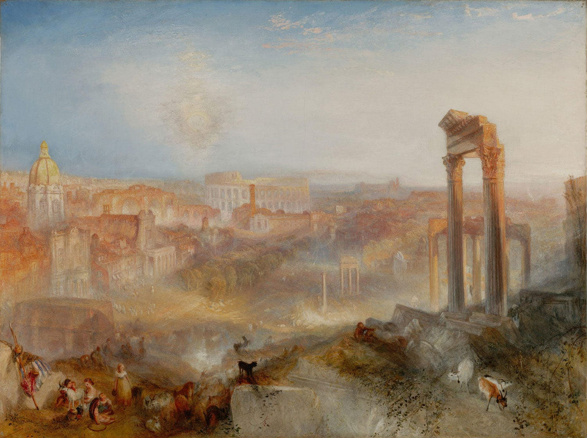 Das Gemälde "Modernes Rom – Campo Vaccino" von William Turner zeigt den historischen Platz Campo Vaccino in Rom, durchzogen von dramatischem Licht und tiefen Schatten. Die antiken Ruinen verschmelzen mit lebendigen Szenen des modernen Lebens, was eine faszinierende Atmosphäre von Vergangenheit und Gegenwart schafft.