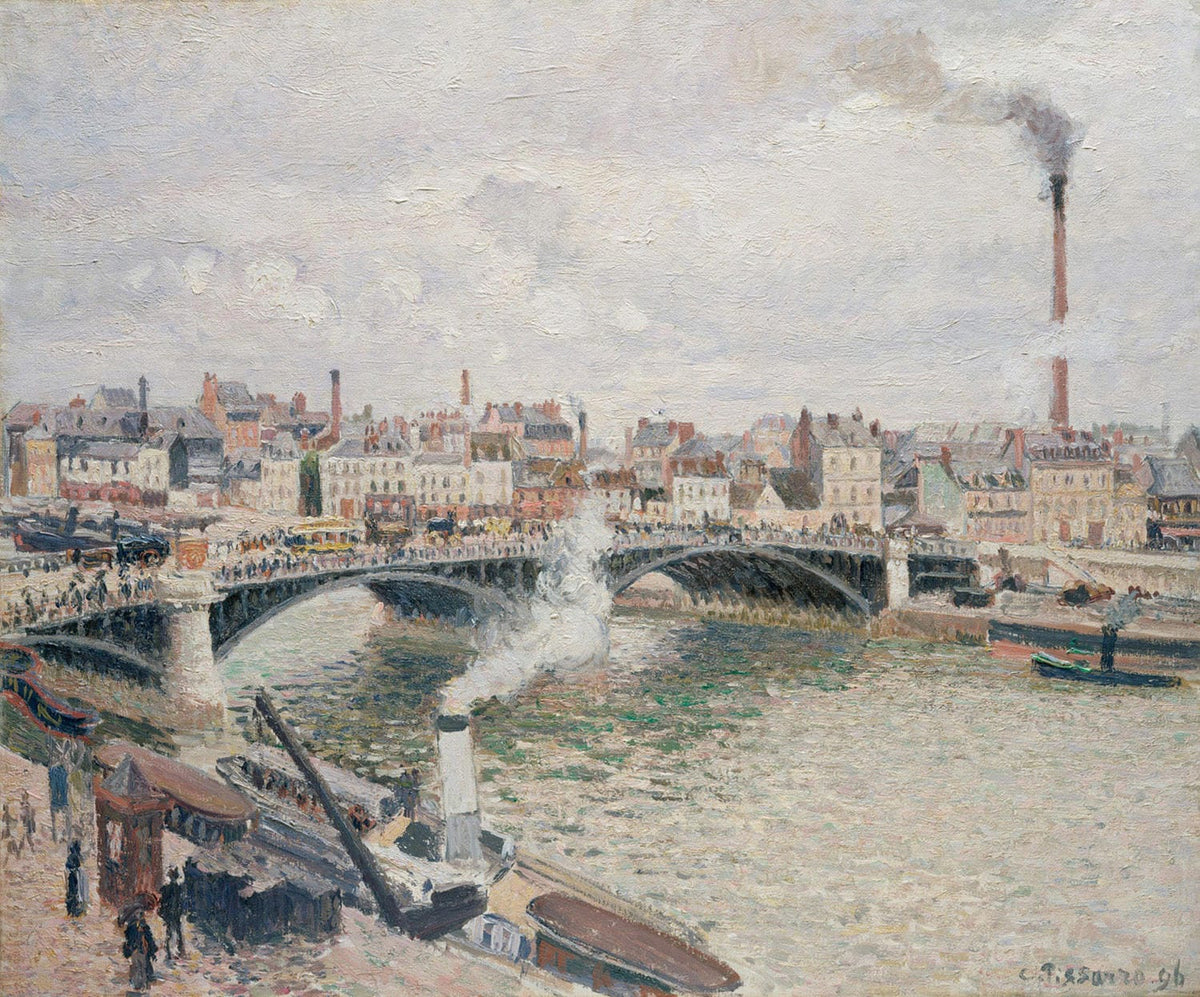 „Morgen, ein bedeckter Tag, Rouen“ von Camille Pissarro zeigt die ruhige Morgenstimmung einer französischen Stadt an einem wolkenverhangenen Tag. Der Künstler fängt meisterhaft das weiche Licht und die subtilen Farbtöne ein, die die Atmosphäre von Rouen an diesem Tag prägen.