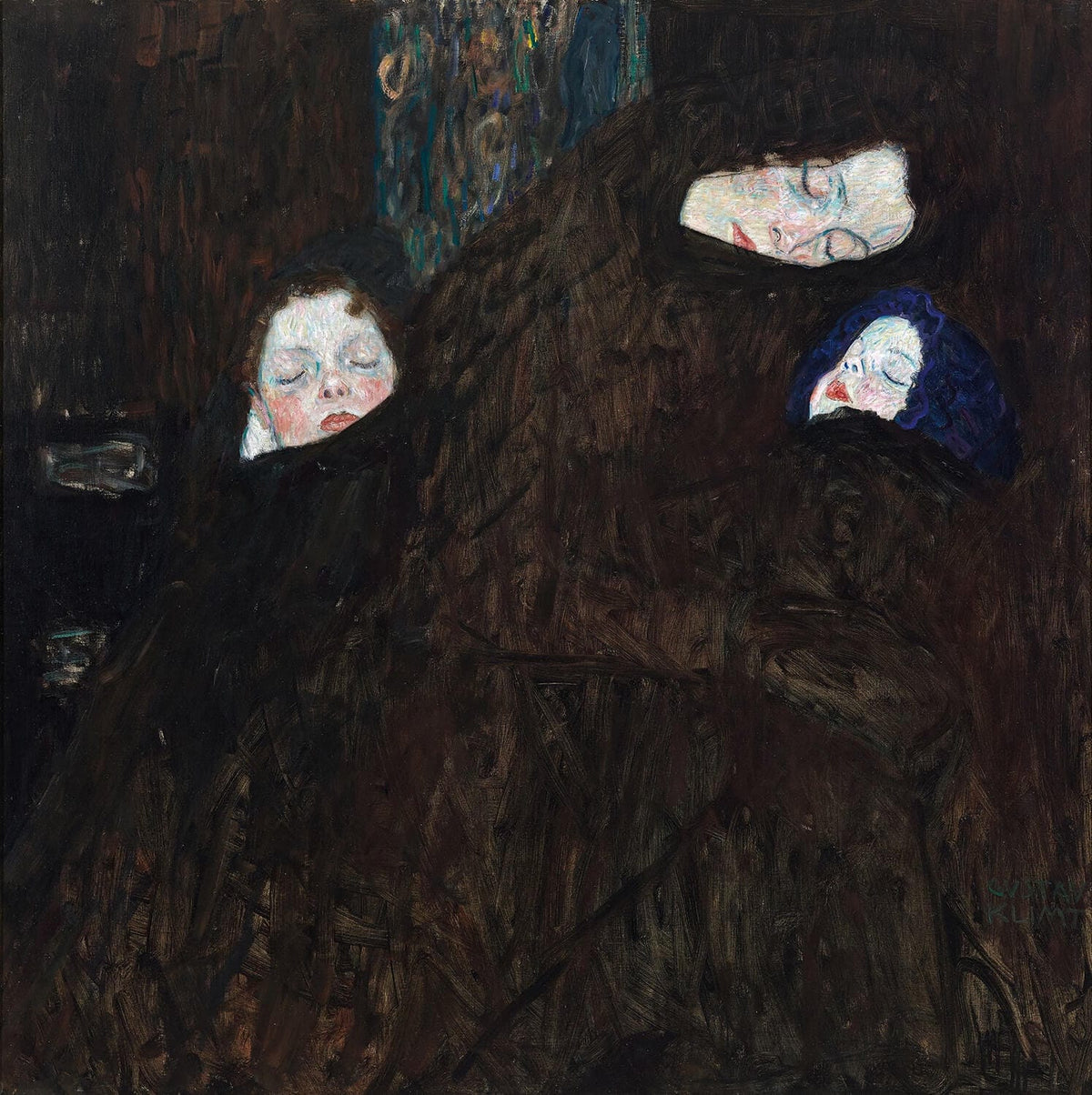 Das Gemälde „Mutter mit zwei Kindern (Familie)“ von Gustav Klimt zeigt eine emotionale Darstellung der familiären Verbundenheit. Mit sanften Farben und liebevollen Details vermittelt das Werk eine warme Atmosphäre von Geborgenheit und Zuneigung.