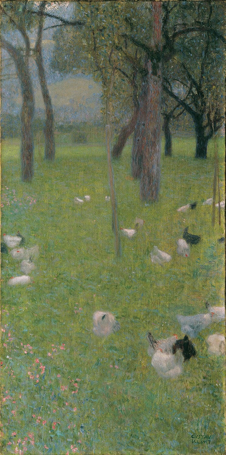 Das Gemälde Nach dem Regen von Gustav Klimt zeigt eine üppige, blühende Landschaft mit leuchtenden Farben und feinen Details. Die nasse Natur strahlt Frische aus, während Bäume und Wiesen harmonisch ineinander übergehen. Klimts impressionistische Technik fängt das Lichtspiel nach dem Regen eindrucksvoll ein.