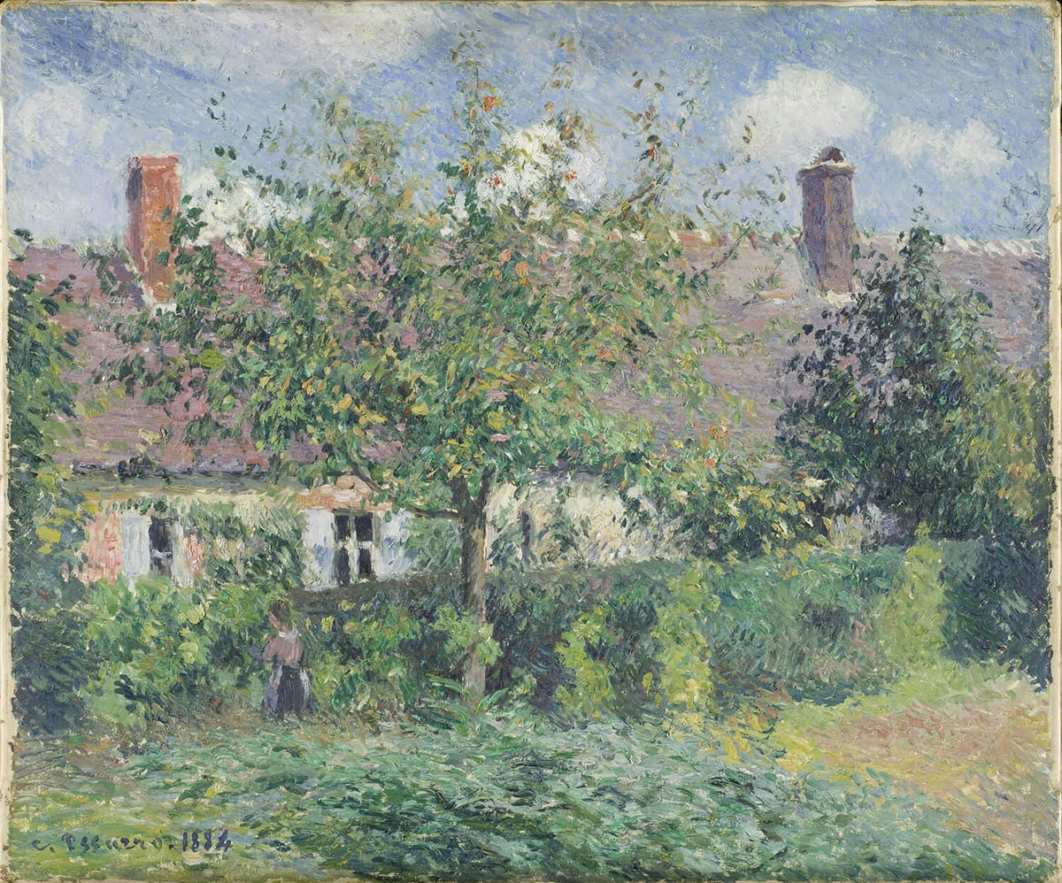 Das Gemälde „Bauernhaus in Éragny“ von Camille Pissarro zeigt ein rustikales Bauernhaus in Éragny, umgeben von üppigem Grün. Der Garten ist von Bäumen und Sträuchern gesäumt, während sanfte Licht- und Schatteneffekte die ländliche Idylle betonen. Pissarros impressionistische Pinselstriche verleihen der Szene Lebendigkeit.
