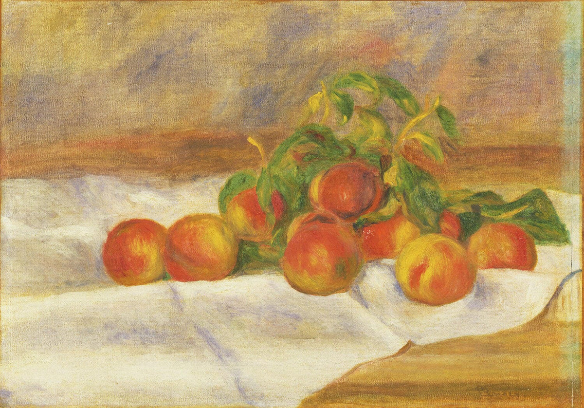 Das Gemälde „Pfirsiche“ von Pierre-Auguste Renoir zeigt einen Teller mit reifen Pfirsichen, die sanft im Licht glänzen. Der beeindruckende Eindruck von Frische und Natur wird durch Renoires meisterhafte Verwendung von Farbe und Licht hervorgehoben.