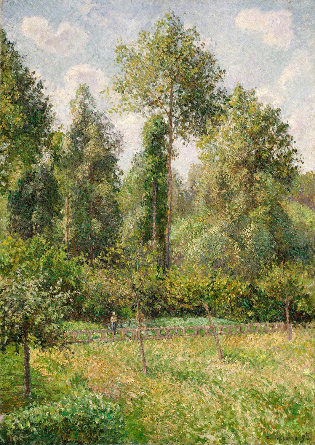 „Pappeln, Eragny“ von Camille Pissarro zeigt eine friedliche ländliche Szene mit leuchtenden grünen und goldenen Tönen. Die Darstellung von Pappeln im französischen Eragny fängt die Schönheit der Natur ein und vermittelt eine ruhige, atmosphärische Stimmung.