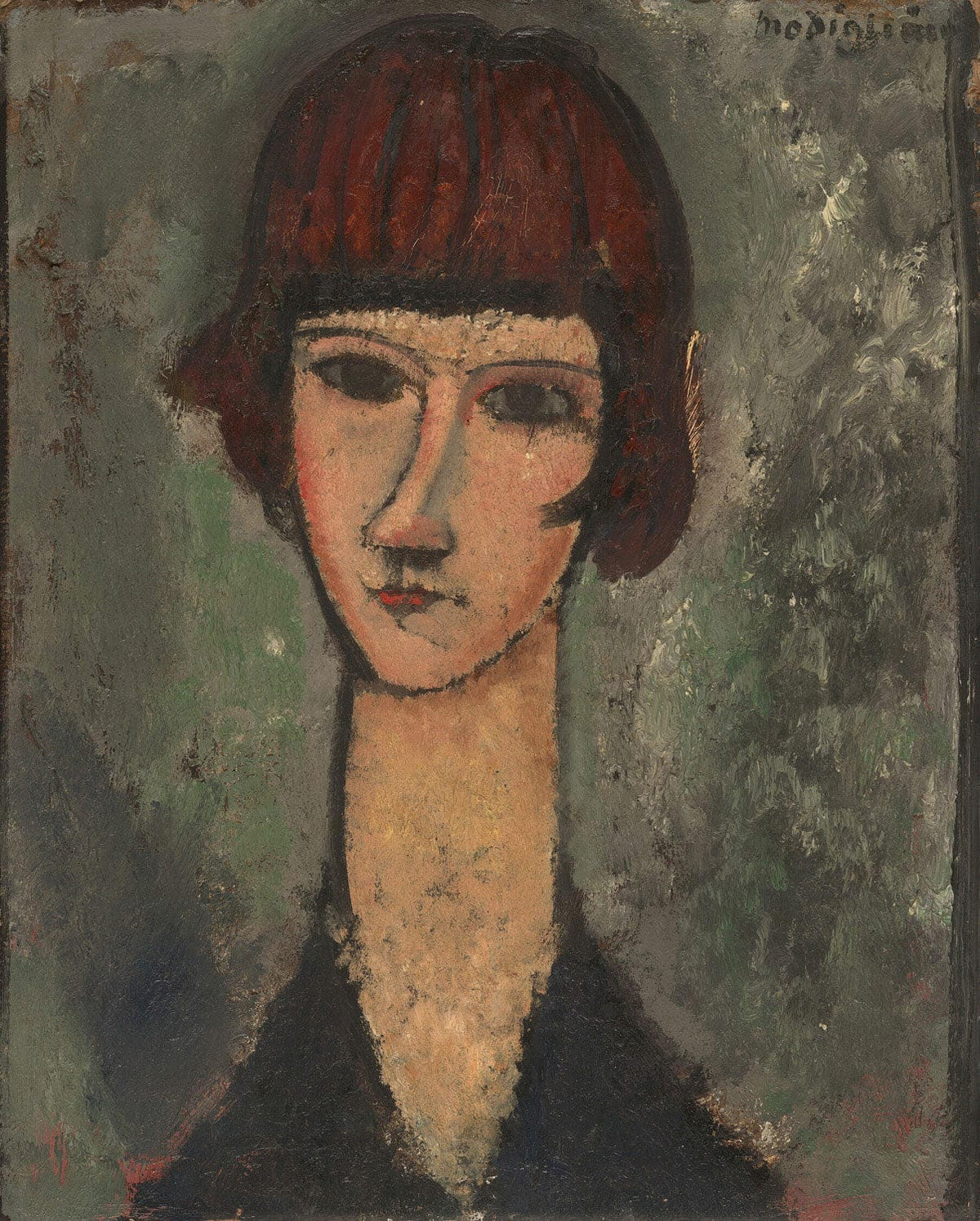 Kunstkopie des Gemäldes 'Porträt einer Frau' von Amedeo Modigliani, das eine elegante Frau mit verlängerten Gesichtszügen und sanften Farben darstellt, die Anmut und Geheimnis ausstrahlt.