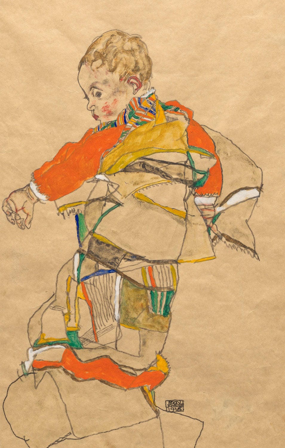 Expressionistisches Porträt 'Porträt von einem Kind (Anton Peschka, Jr.)' von Egon Schiele, das ein Kind mit intensiven Gesichtszügen und einem eindrucksvollen, direkten Blick darstellt.