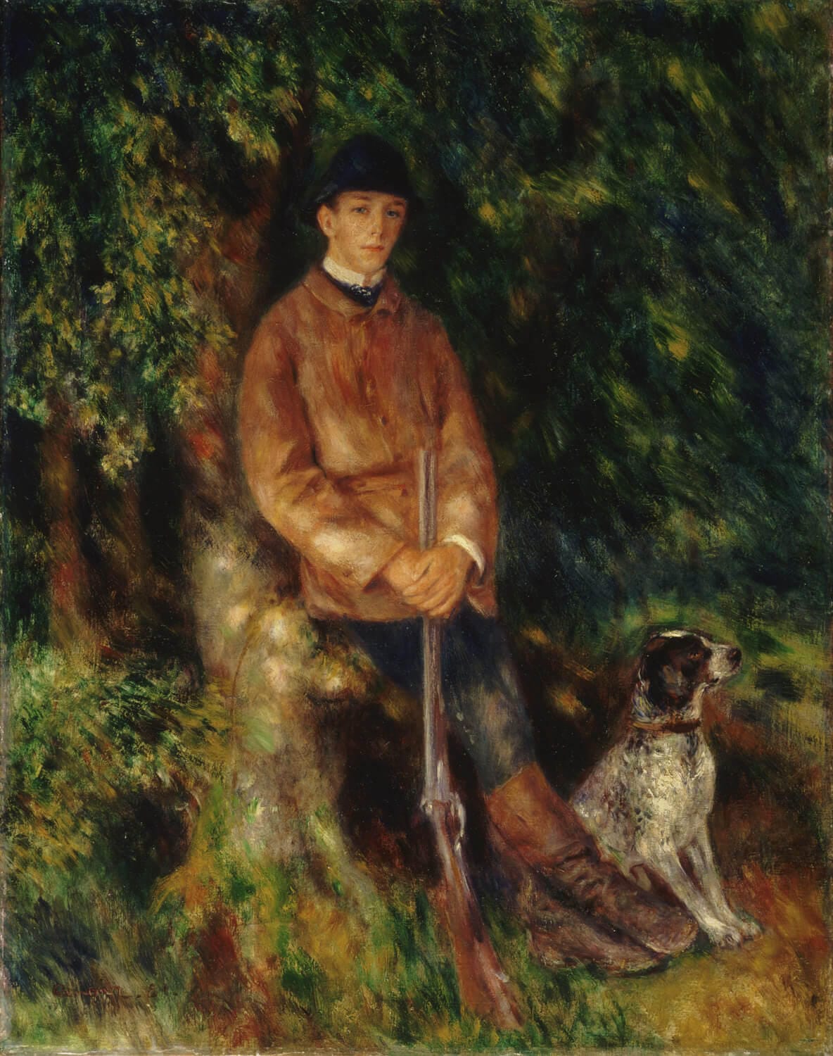 Das Gemälde "Portrait von Alfred Bérard mit seinem Hund" von Pierre-Auguste Renoir zeigt einen eleganten Mann in einem entspannenden Moment mit seinem Hund. Der Künstler fängt die ruhige Intimität und Verbindung zwischen den beiden mit zarten Pinselstrichen und sanften Farben meisterhaft ein.
