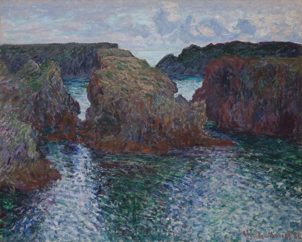 Claude Monets Gemälde 'Rocks at Port-Goulphar, Belle-Île', das raue Felsen und tosende Wellen an der bretonischen Küste zeigt, mit kraftvollen Blautönen und natürlicher Lichtstimmung.