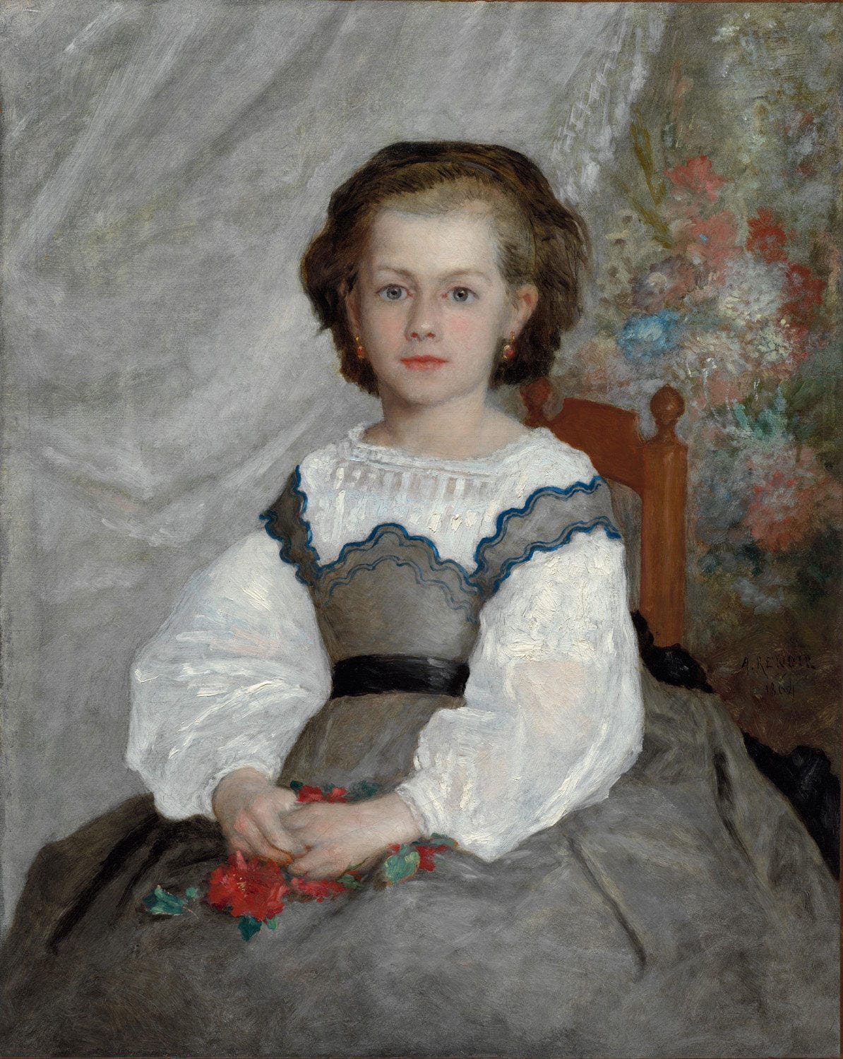 Das Gemälde „Romaine Lacaux“ von Pierre-Auguste Renoir zeigt ein Porträt einer jungen Frau in einem weißen Kleid, die leicht zur Seite blickt. Der weiche Pinselstrich und das subtile Spiel mit Licht und Farbe verleihen dem Werk eine weiche, beinahe romantische Atmosphäre. Das Bild fängt die elegante Schönheit der dargestellten Person sowie den impressionistischen Stil des Künstlers ein.