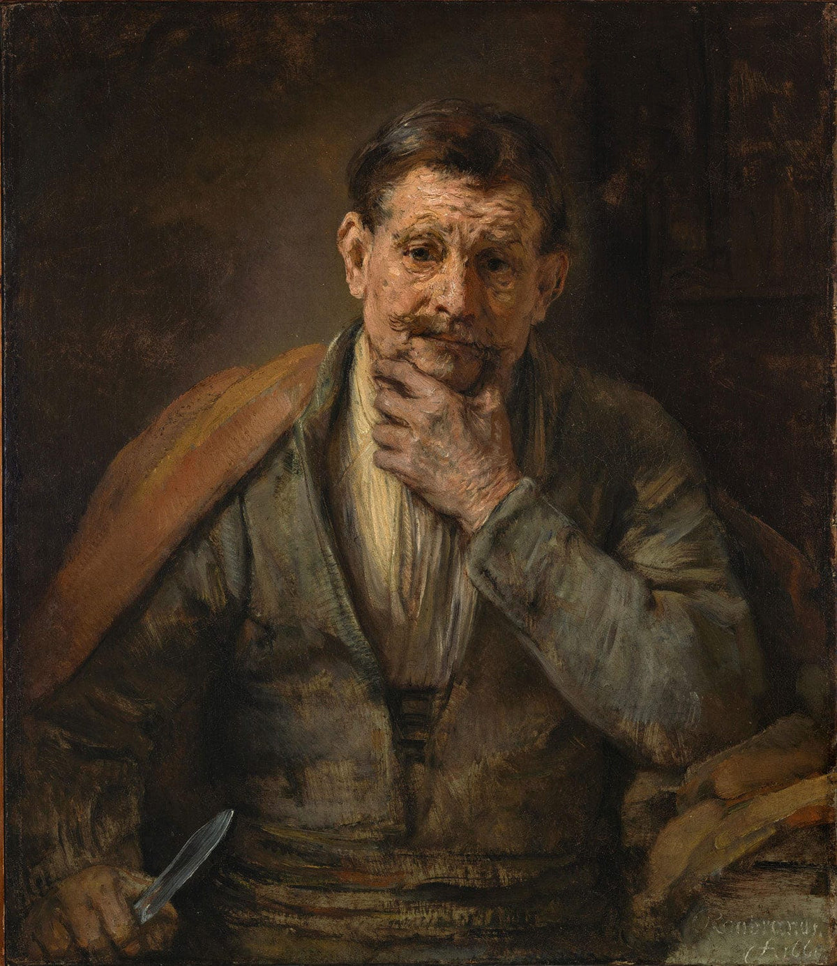 Das Gemälde "Sankt Bartholomäus" von Rembrandt van Rijn zeigt den heiligen Apostel in einem Moment tiefer Spiritualität. Die meisterhafte Lichtführung und die Detailtreue der Darstellung verleihen der Szene eine dramatische und mystische Atmosphäre.