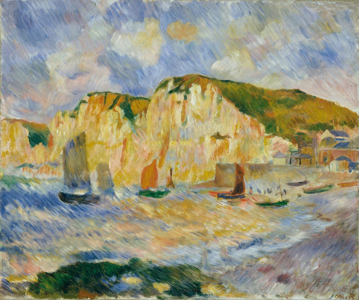 Impressionistisches Gemälde von Pierre-Auguste Renoir, das eine Küstenlandschaft mit Meer und Klippen zeigt. Dynamische Pinselstriche und leuchtende Farben fangen die Bewegung der Wellen und das Spiel des Lichts ein.